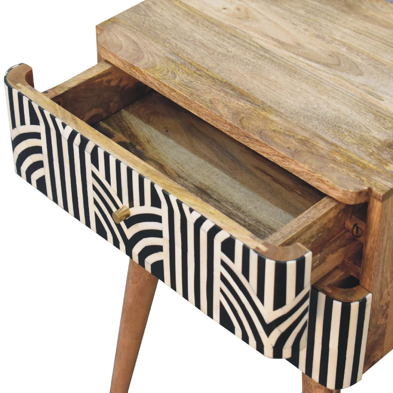 23" Black Ivory And Light Brown Solid Wood Geometric Bone Inlay Two Drawer Nightstand