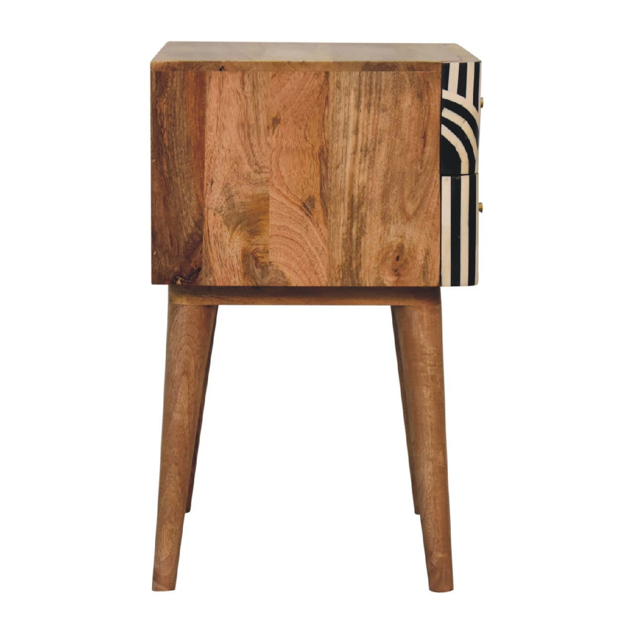 23" Black Ivory And Light Brown Solid Wood Geometric Bone Inlay Two Drawer Nightstand