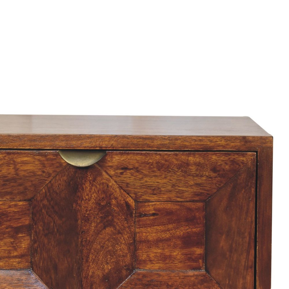 24" Chestnut Solid Wood Square Carved Geometric Two Drawer Nightstand