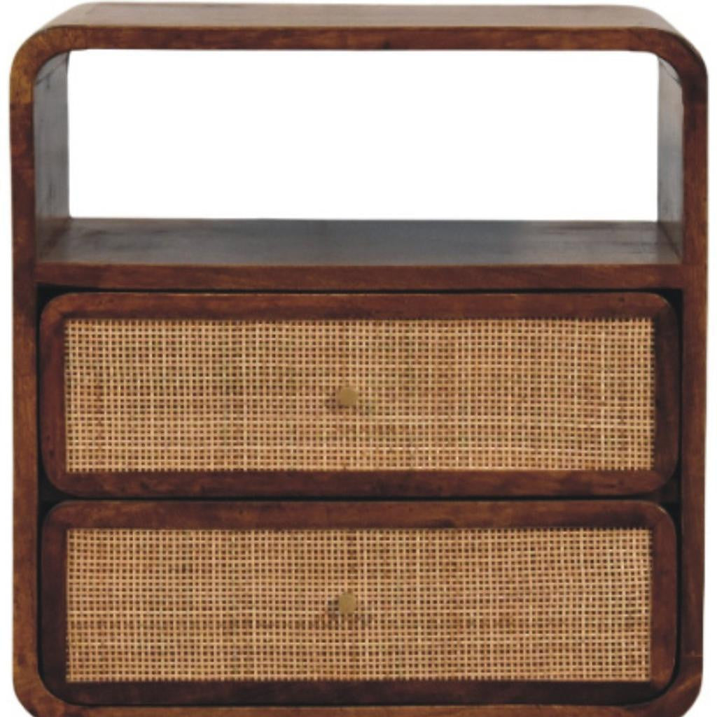 22" Chestnut And Natural Solid Wood Cane Rattan Two Drawer Nightstand