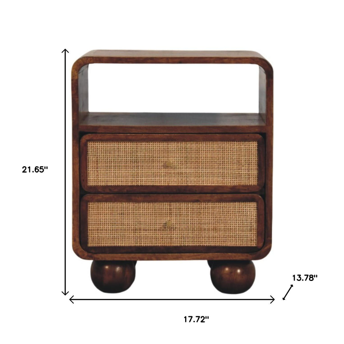 22" Chestnut And Natural Solid Wood Cane Rattan Two Drawer Nightstand