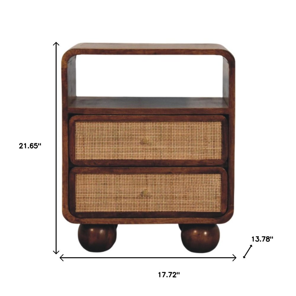 22" Chestnut And Natural Solid Wood Cane Rattan Two Drawer Nightstand