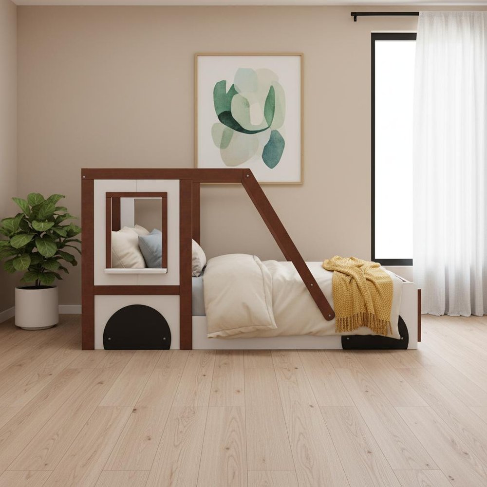 Mahogany and White Wood Twin Race Car Playhouse Bed Frame