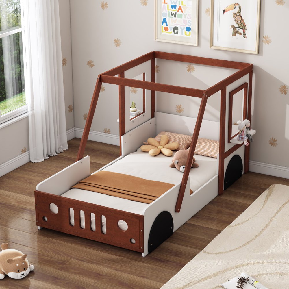 Mahogany and White Wood Twin Race Car Playhouse Bed Frame