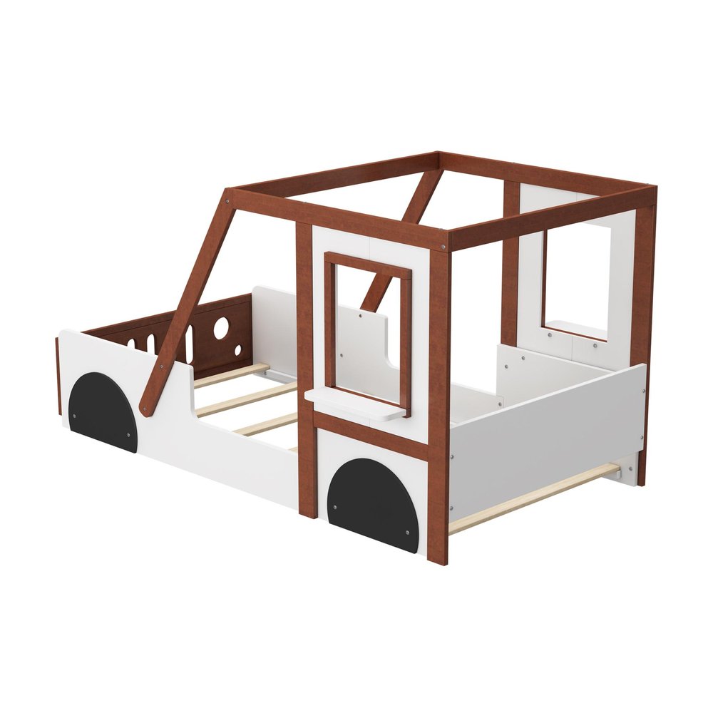 Mahogany and White Wood Twin Race Car Playhouse Bed Frame