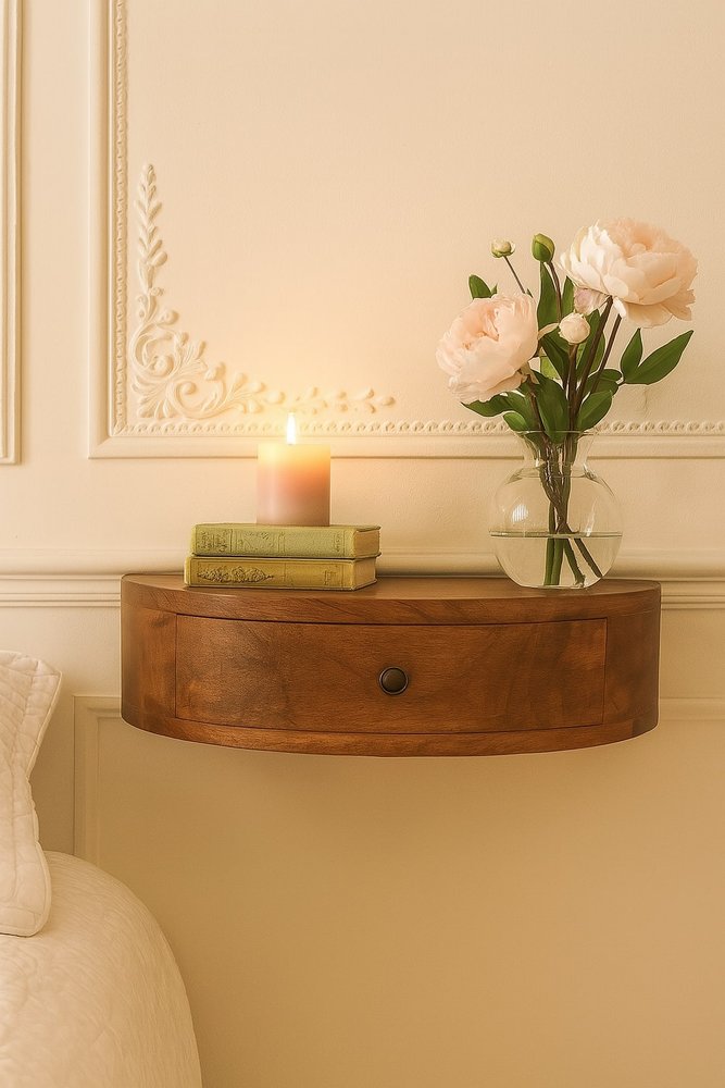 16" Brown Solid Wood Round One Drawer Floating Nightstand