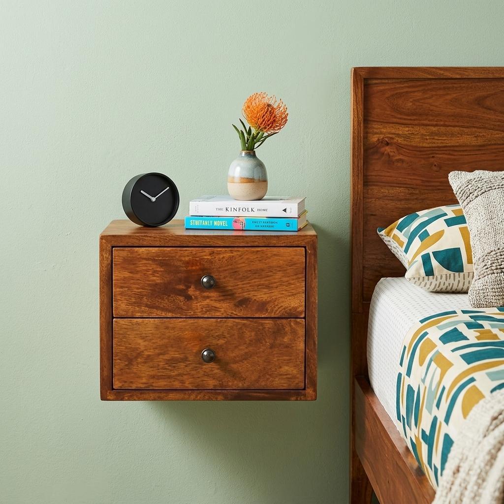 12" Chestnut Solid Wood Two Drawer Floating Nightstand
