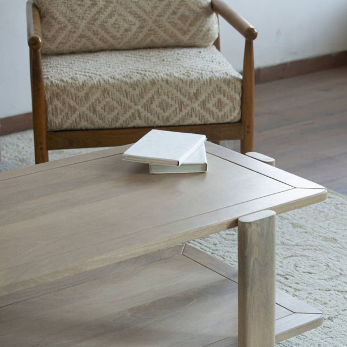 45" Natural Solid Wood Distressed Coffee Table With Shelf