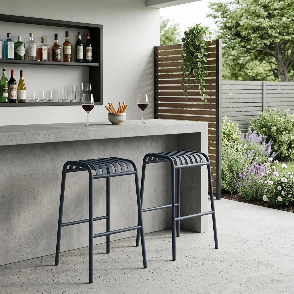 Set of Two 30" Dark Blue Steel Backless Bar Height Bar Chairs