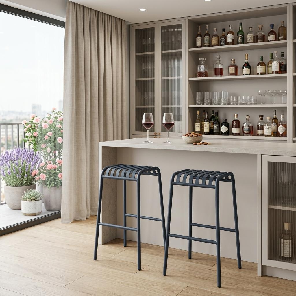 Set of Two 30" Dark Blue Steel Backless Bar Height Bar Chairs
