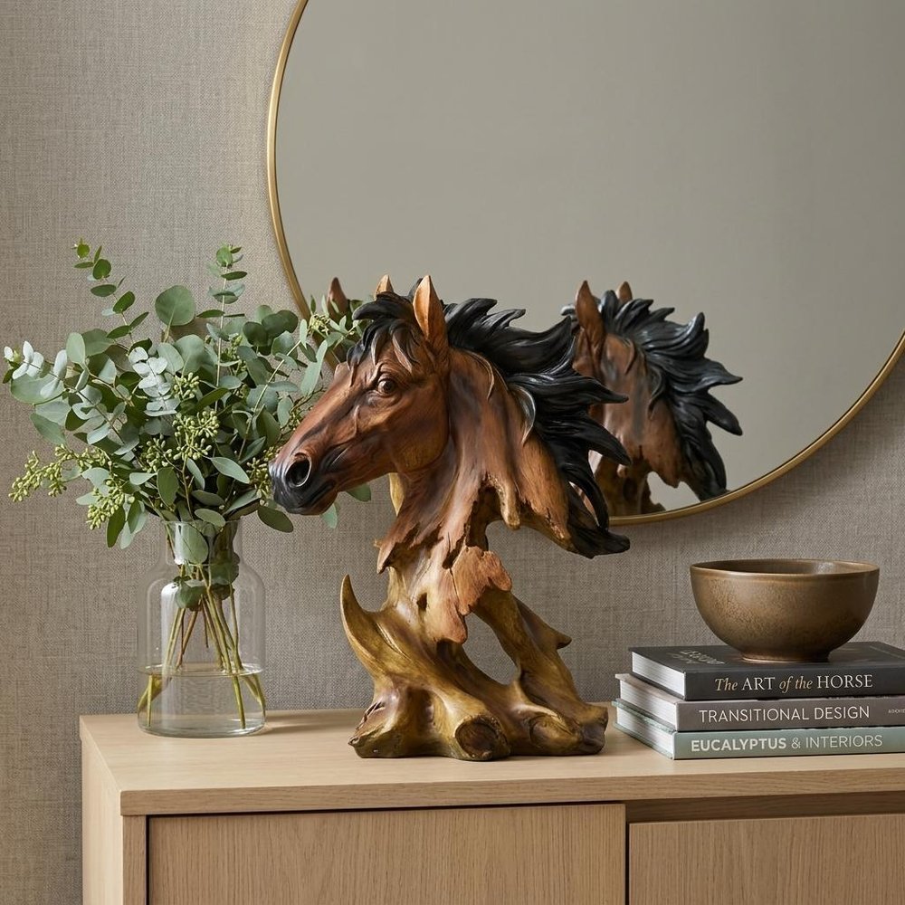 11" Antiqued Bronze And Black Polyresin Horse Tabletop Sculpture