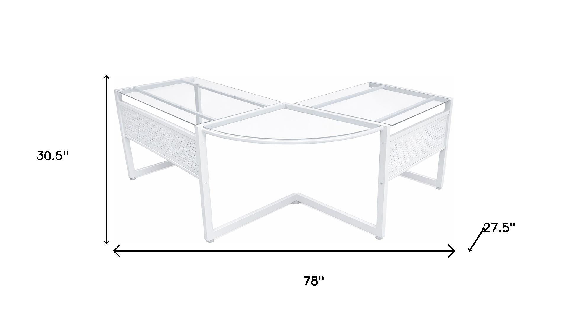 78" Clear and White Glass and Steel Corner Computer Desk