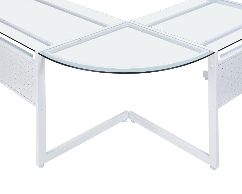 78" Clear and White Glass and Steel Corner Computer Desk
