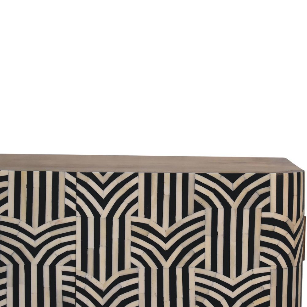 32" Dark Brown Black and White Solid Wood And Inlaid Bone Textured Accent Cabinet With Two Doors