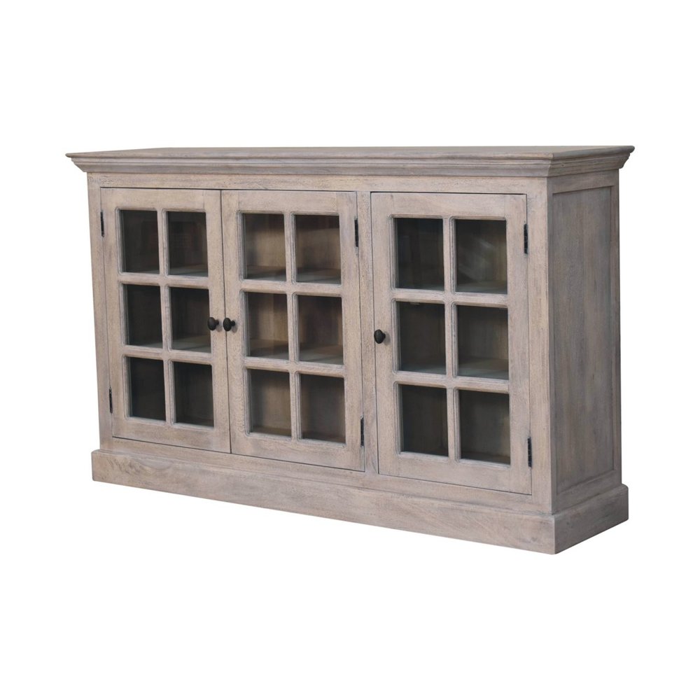 59" Light Gray and Clear Solid Wood Paneled Accent Cabinet With Three Doors