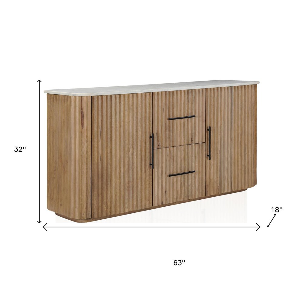 63" Brown And White Solid Wood And Marble Ribbed Texture Sideboard with Two Doors