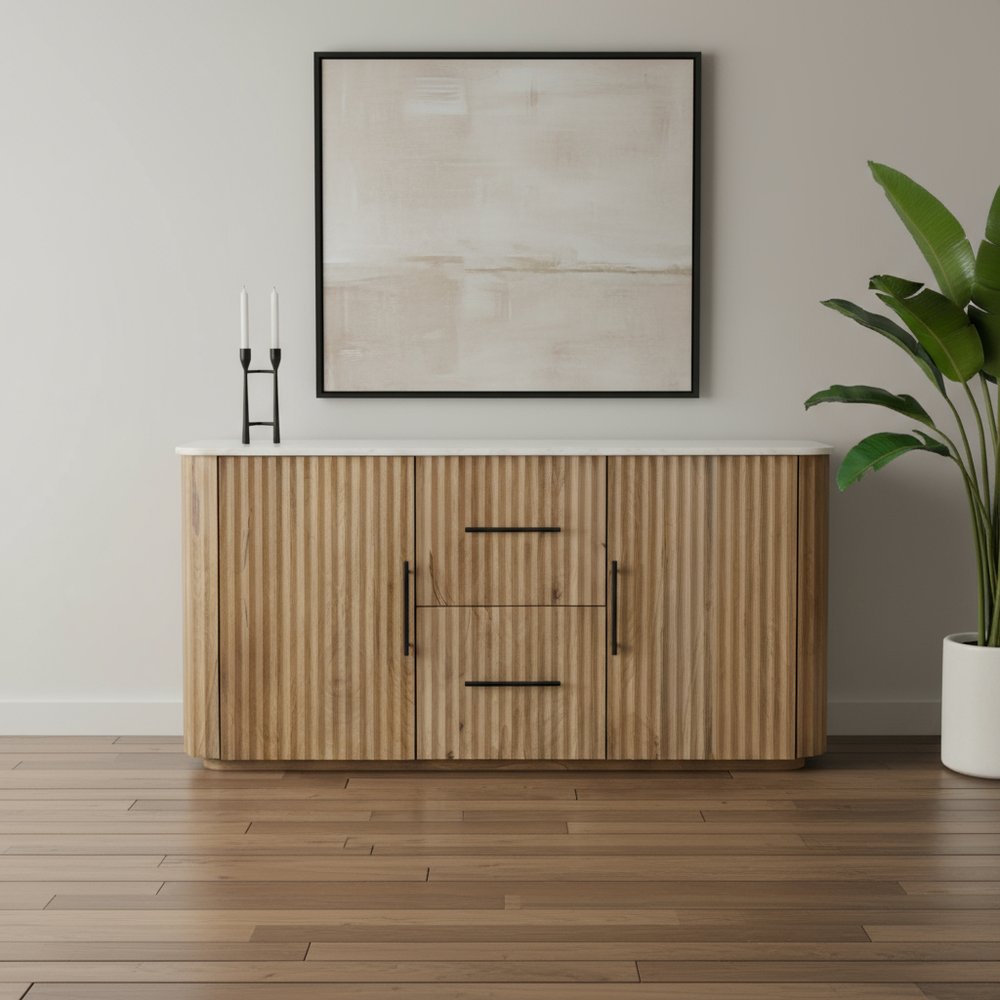 63" Brown And White Solid Wood And Marble Ribbed Texture Sideboard with Two Doors