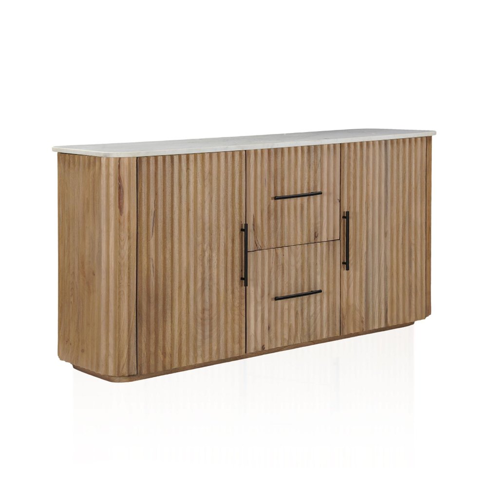 63" Brown And White Solid Wood And Marble Ribbed Texture Sideboard with Two Doors