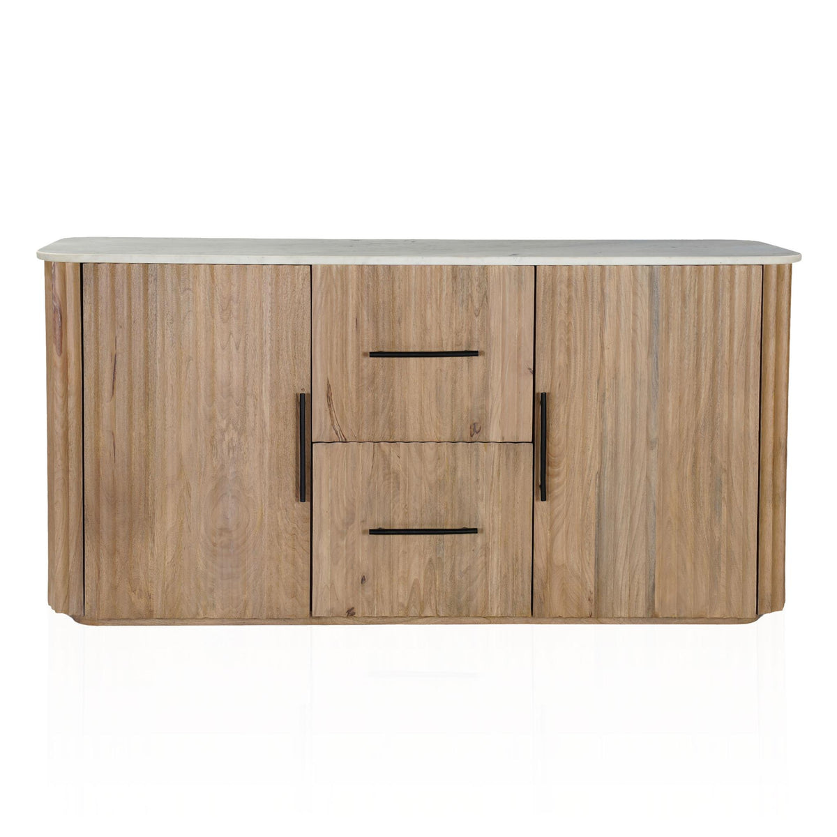 63" Brown And White Solid Wood And Marble Ribbed Texture Sideboard with Two Doors