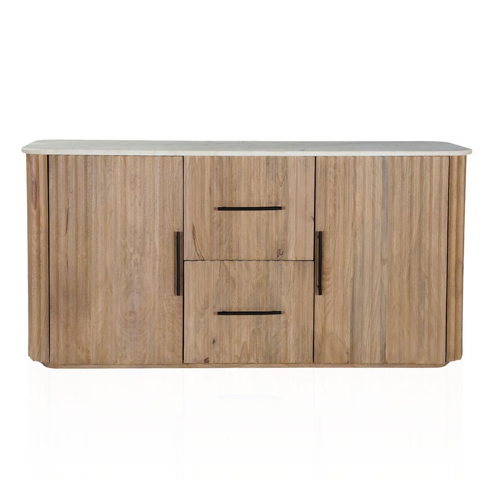 63" Brown And White Solid Wood And Marble Ribbed Texture Sideboard with Two Doors