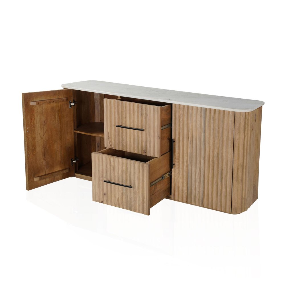 63" Brown And White Solid Wood And Marble Ribbed Texture Sideboard with Two Doors