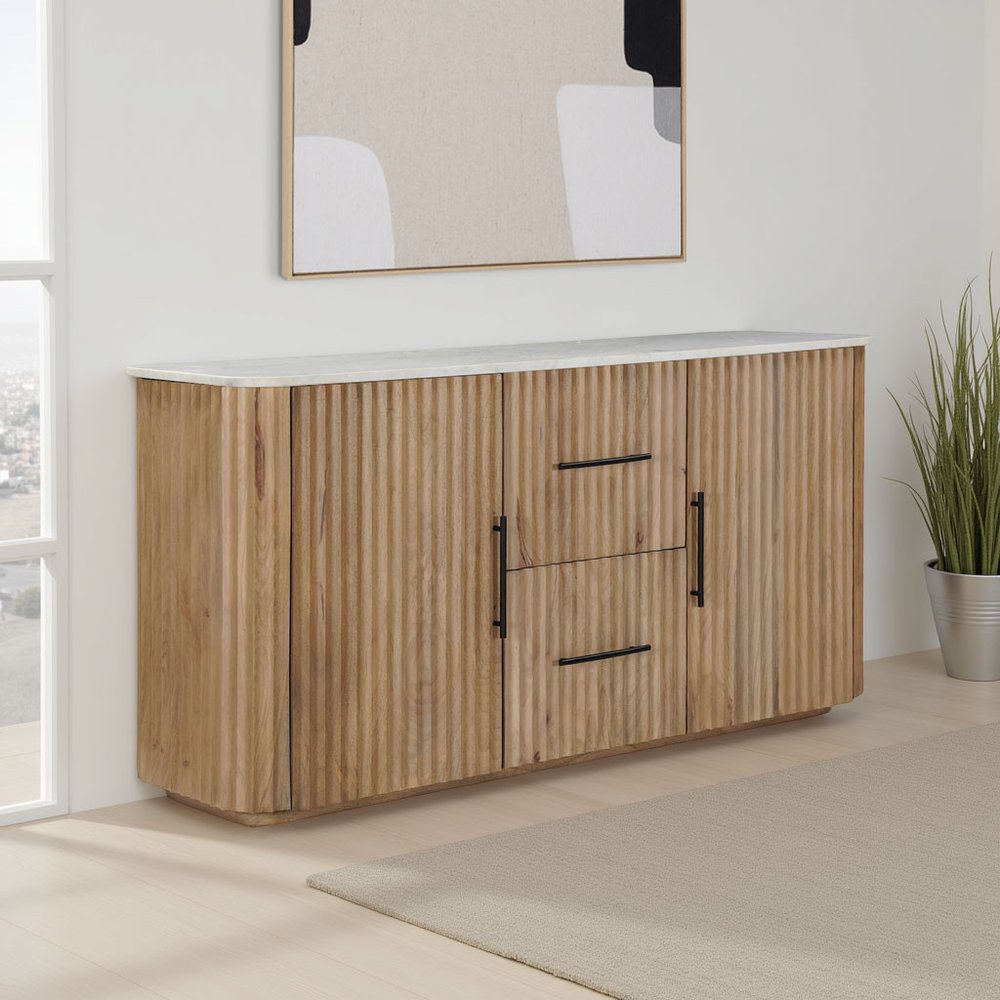 63" Brown And White Solid Wood And Marble Ribbed Texture Sideboard with Two Doors