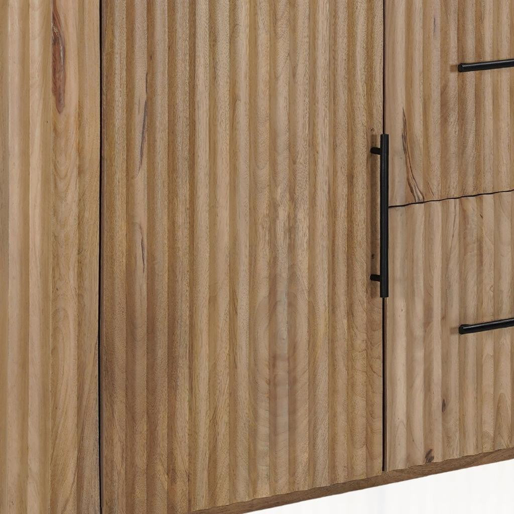 63" Brown And White Solid Wood And Marble Ribbed Texture Sideboard with Two Doors