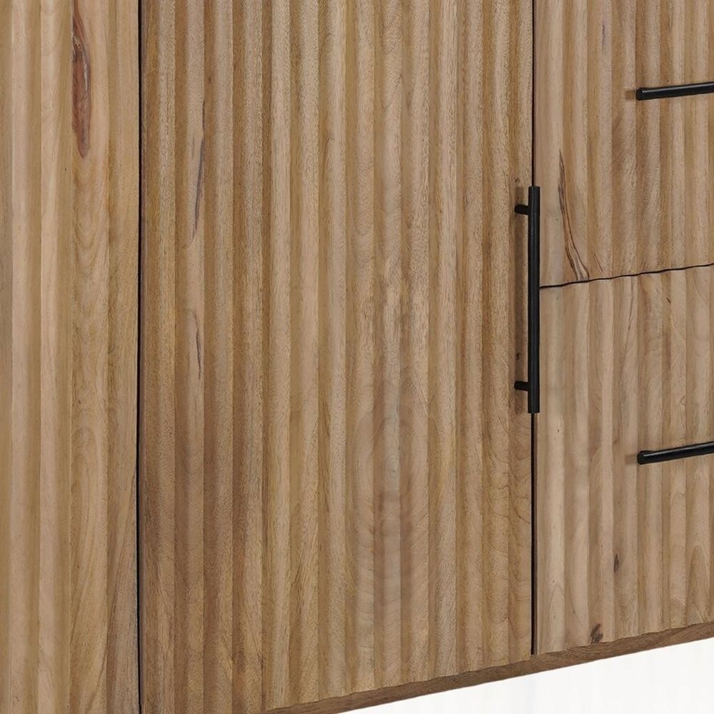 63" Brown And White Solid Wood And Marble Ribbed Texture Sideboard with Two Doors