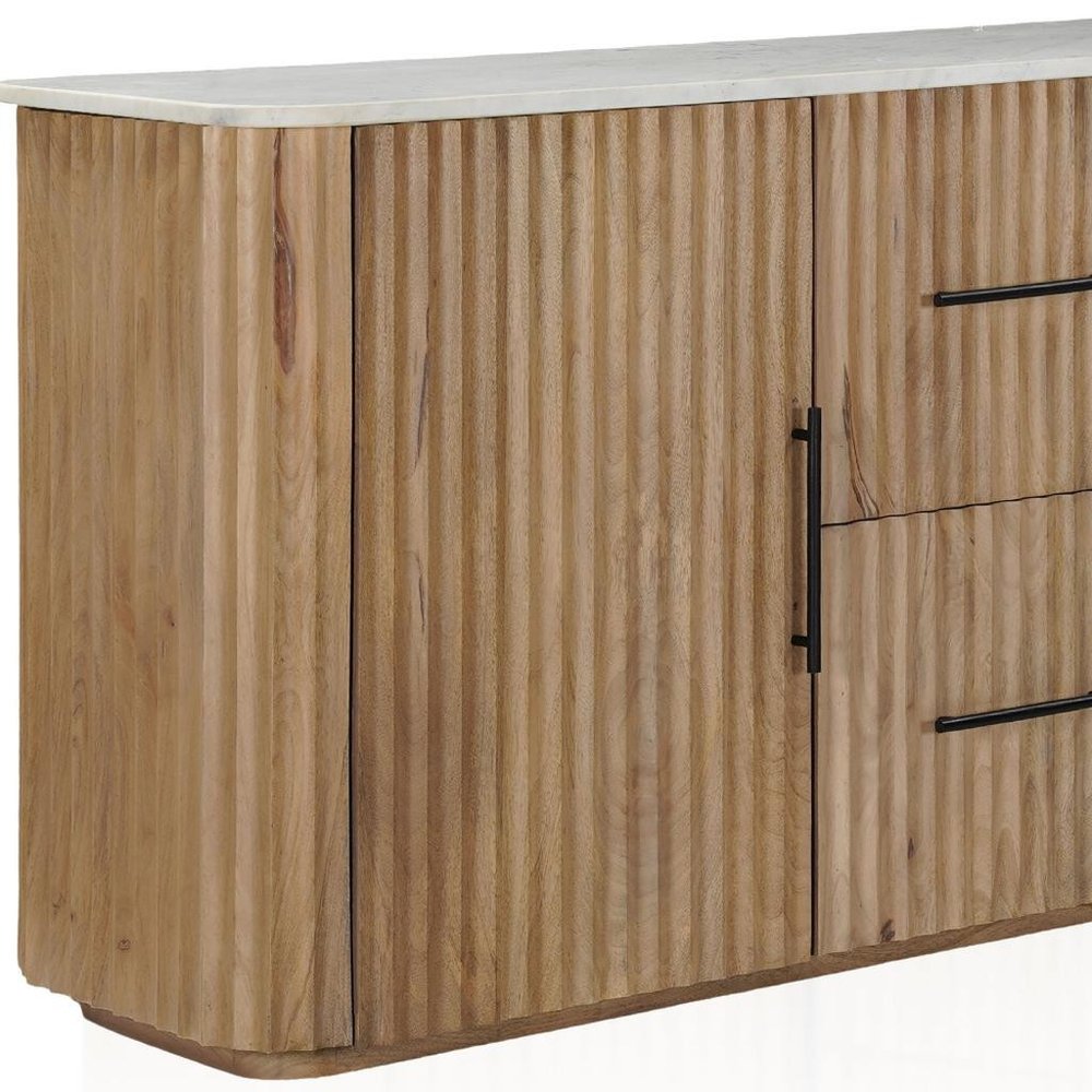 63" Brown And White Solid Wood And Marble Ribbed Texture Sideboard with Two Doors