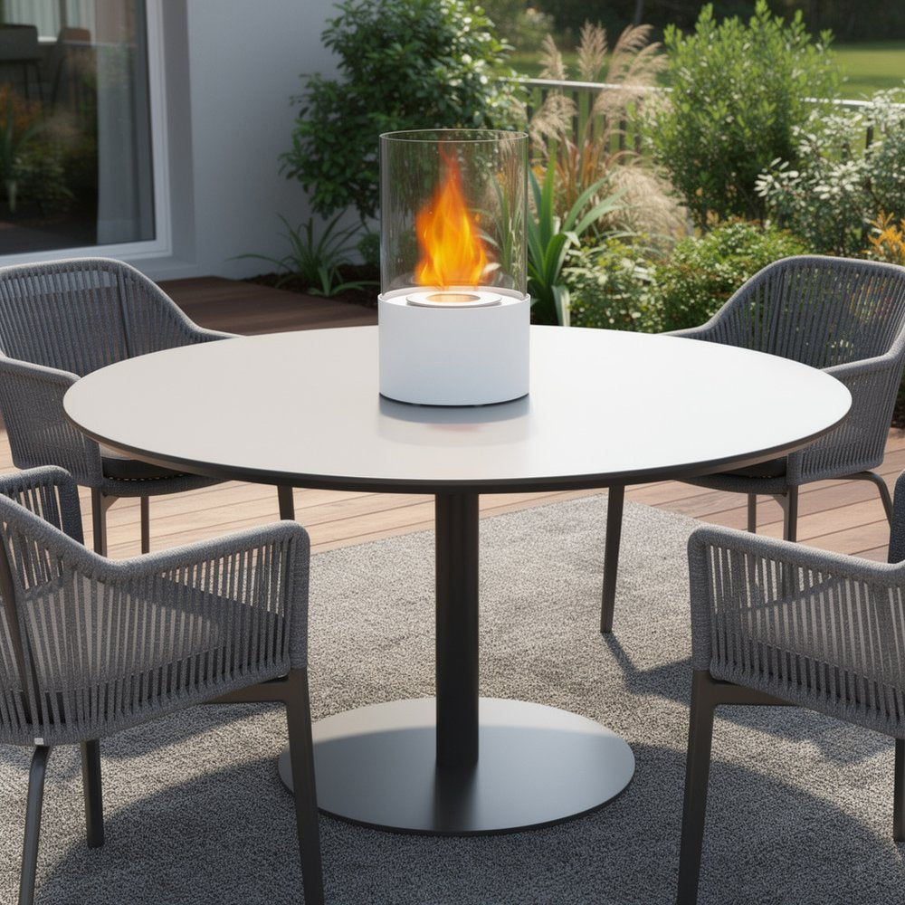 7" White And Clear Stainless Steel And Glass Bioethanol Portable Tabletop Firepit