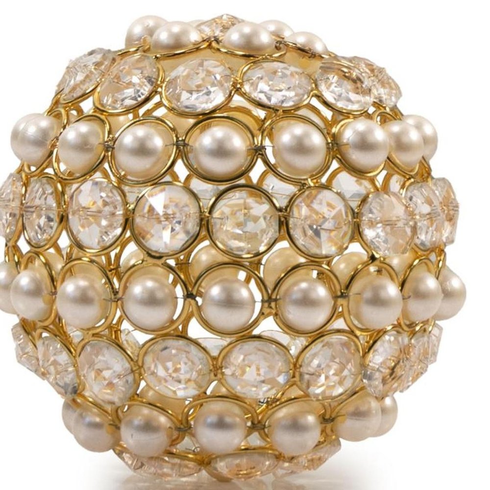 Set of Two Gold Ivory And Pearl Faux Crystal And Metal Decorative Orbs
