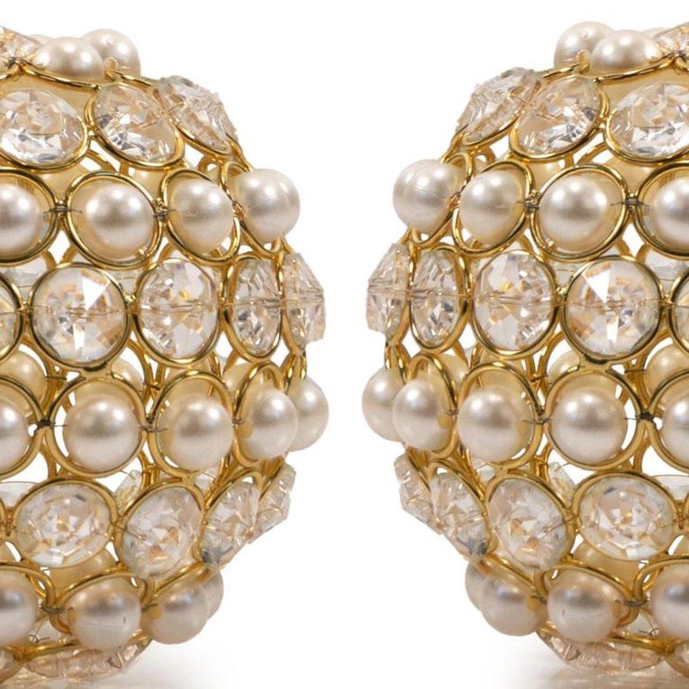 Set of Two Gold Ivory And Pearl Faux Crystal And Metal Decorative Orbs