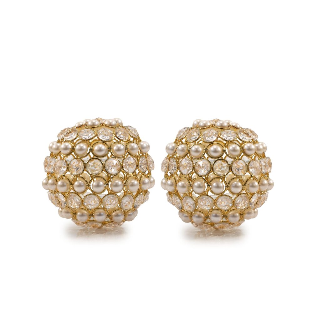 Set of Two Gold Ivory And Pearl Faux Crystal And Metal Decorative Orbs