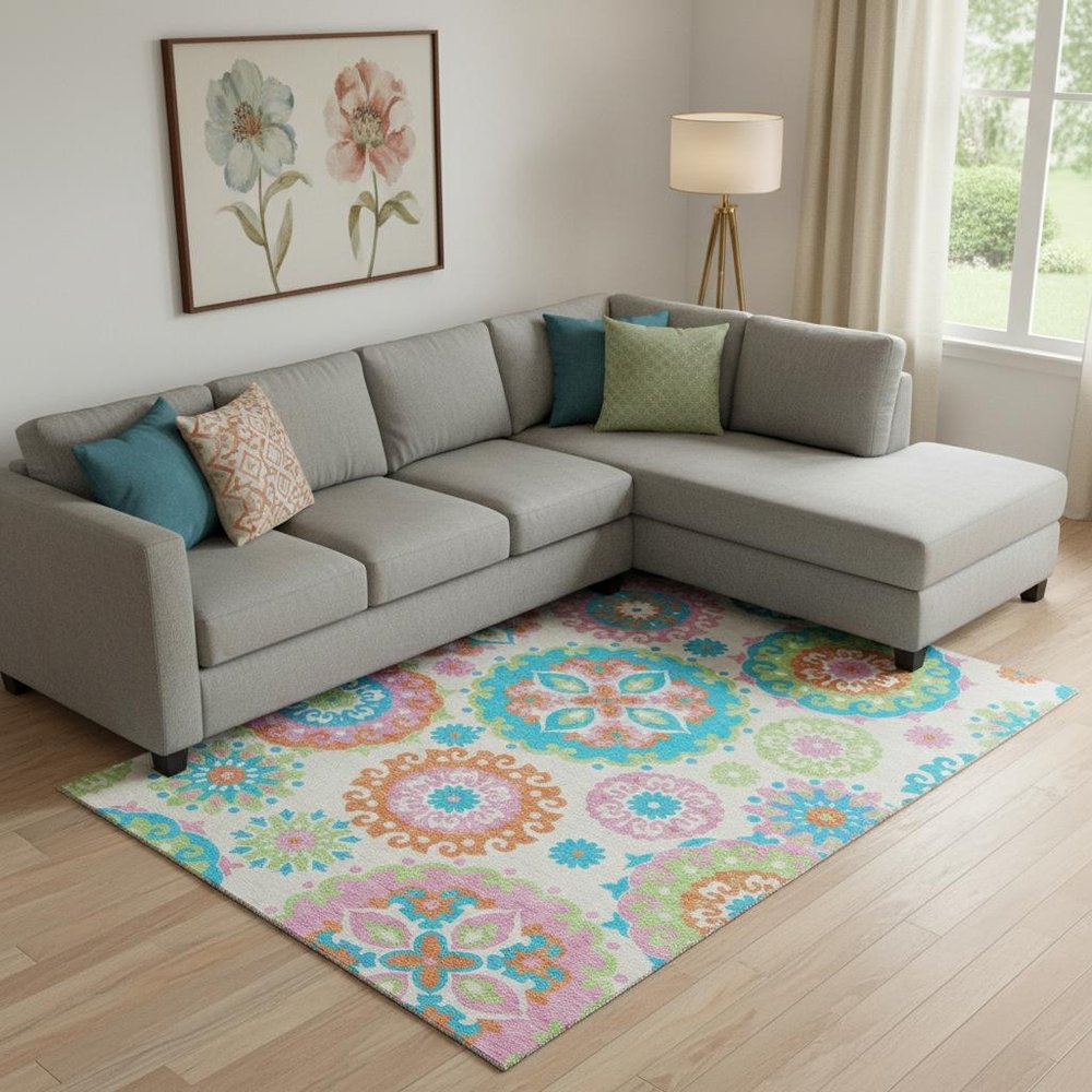 9' X 12' White Orange And Teal Medallion Washable Area Rug With UV Protection