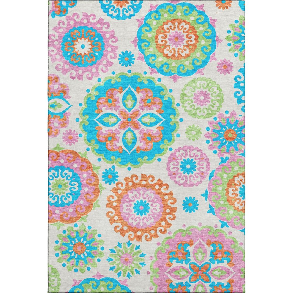 9' X 12' White Orange And Teal Medallion Washable Area Rug With UV Protection
