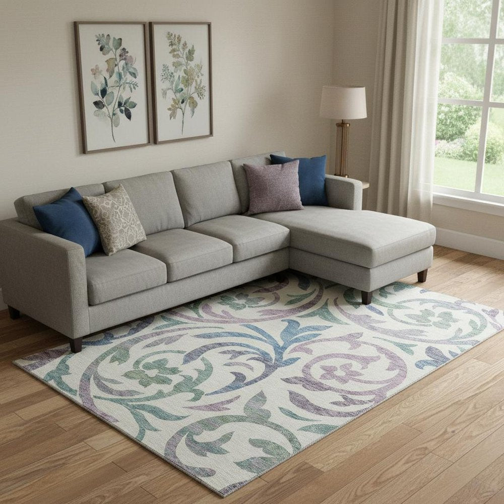 9' X 12' White Sage And Mauve Floral Washable Area Rug With UV Protection
