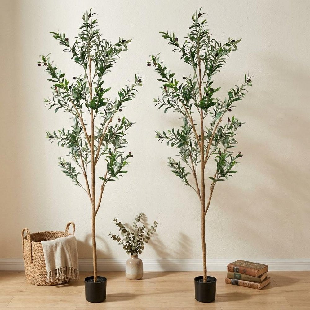 Set of Two 72" Green Artificial Olive Trees in a Black Pots