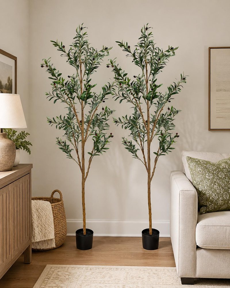 Set of Two 72" Green Artificial Olive Trees in a Black Pots