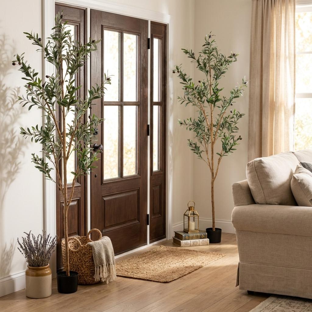Set of Two 72" Green Artificial Olive Trees in a Black Pots