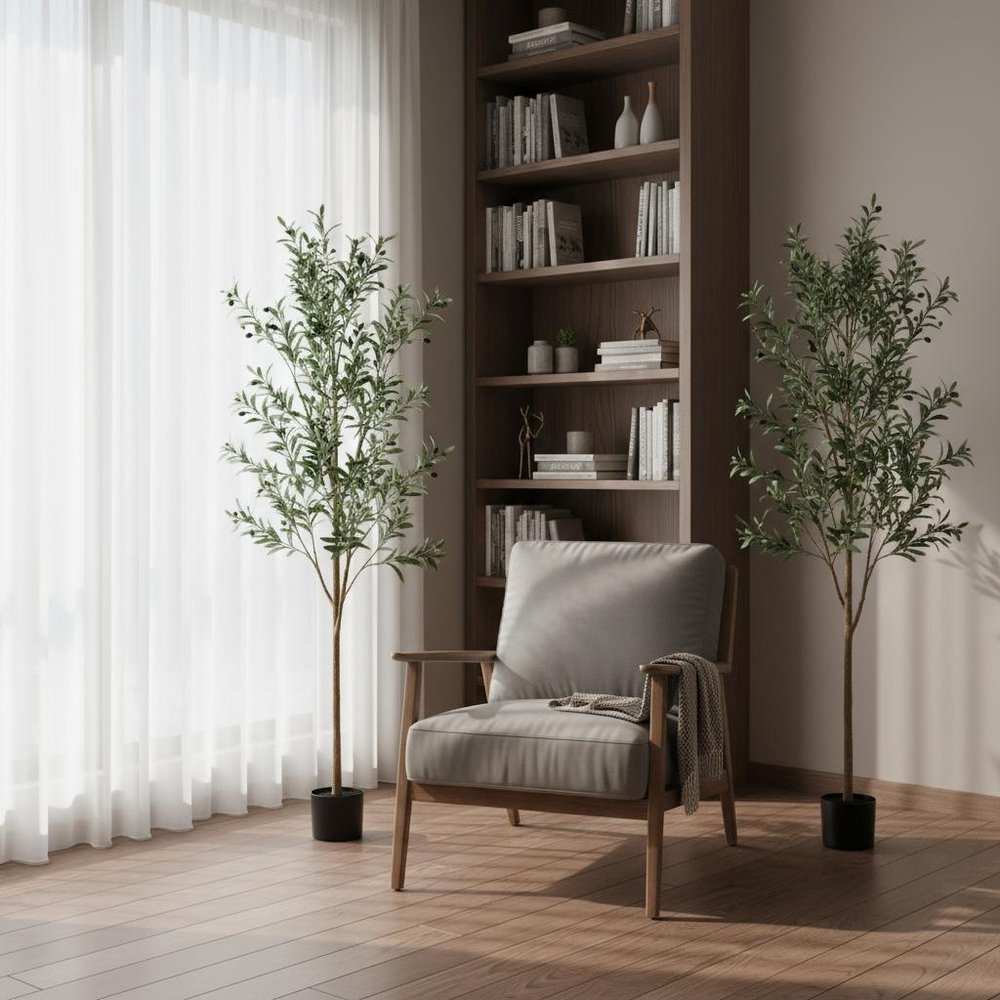 Set Of Two 84" Green Artificial Olive Trees in a Black Pot