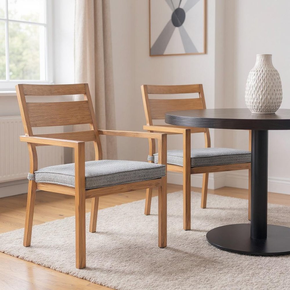 Set of Two Natural Slipcovered Slat Back Dining Arm Chairs