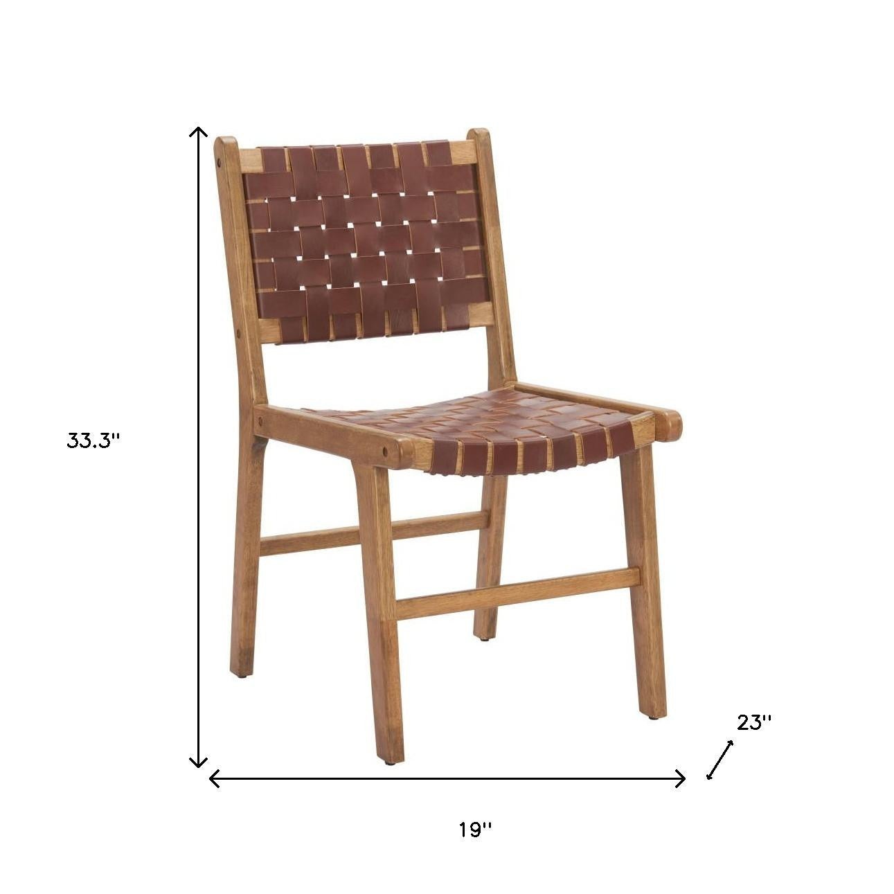 Set of Two Brown Solid Wood and Leather Dining Side Chairs