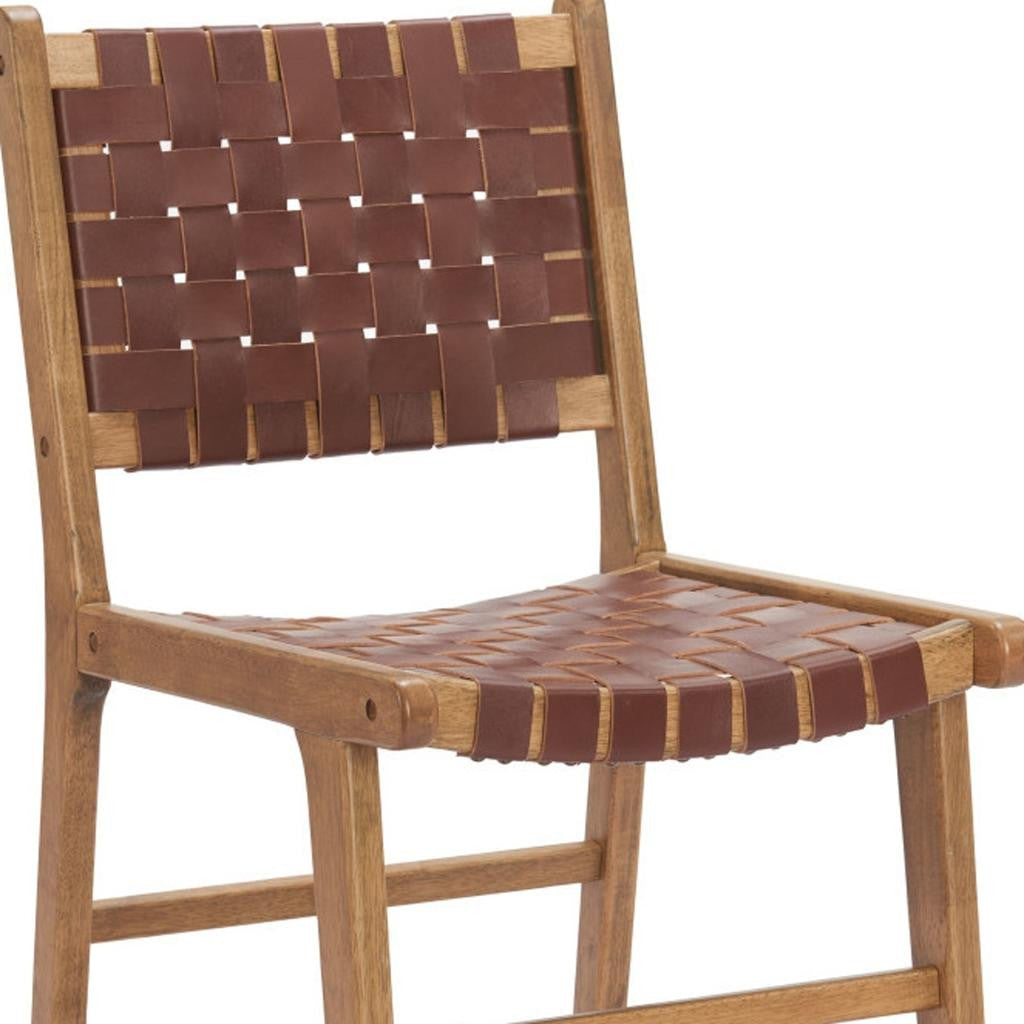 Set of Two Brown Solid Wood and Leather Dining Side Chairs