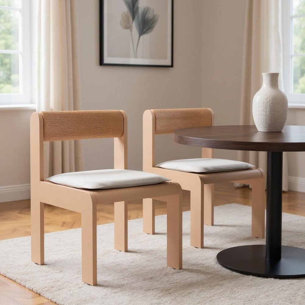 Set of Two White and Natural Slipcovered Open Back Dining Side Chairs
