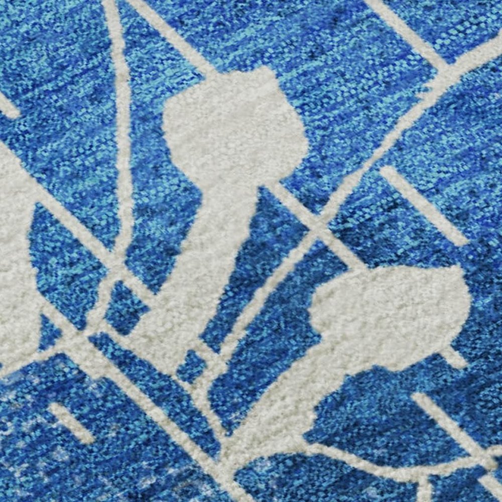 9' X 12' White And Blue Floral Washable Area Rug With UV Protection