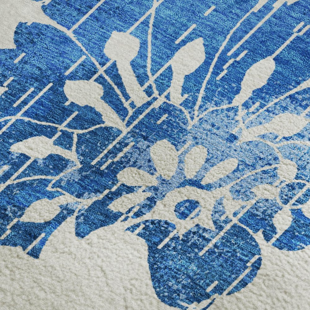 9' X 12' White And Blue Floral Washable Area Rug With UV Protection