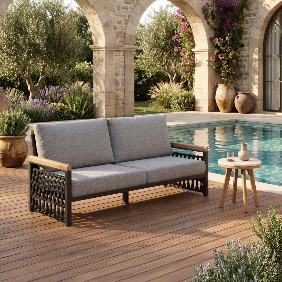 16" Beige and Natural Stone and Solid Wood Round Outdoor Side Table