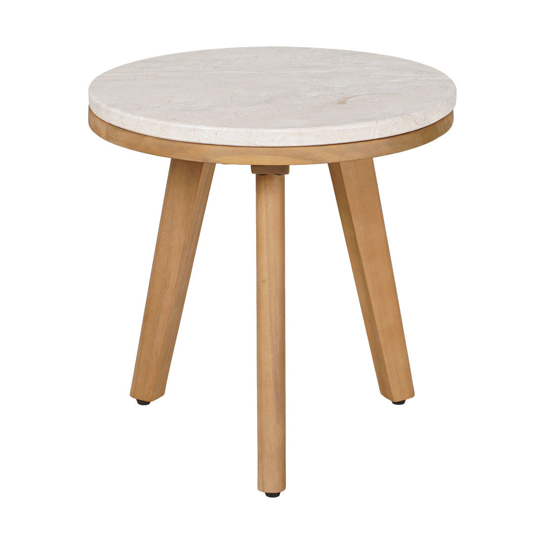 16" Beige and Natural Stone and Solid Wood Round Outdoor Side Table