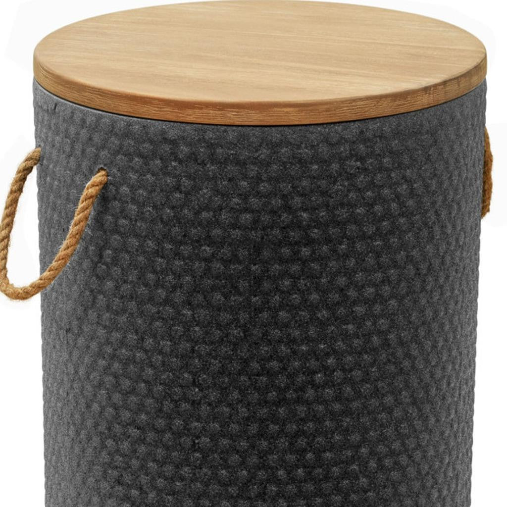 14" Natural and Black Solid Wood and Faux Concrete Round Outdoor Side Table