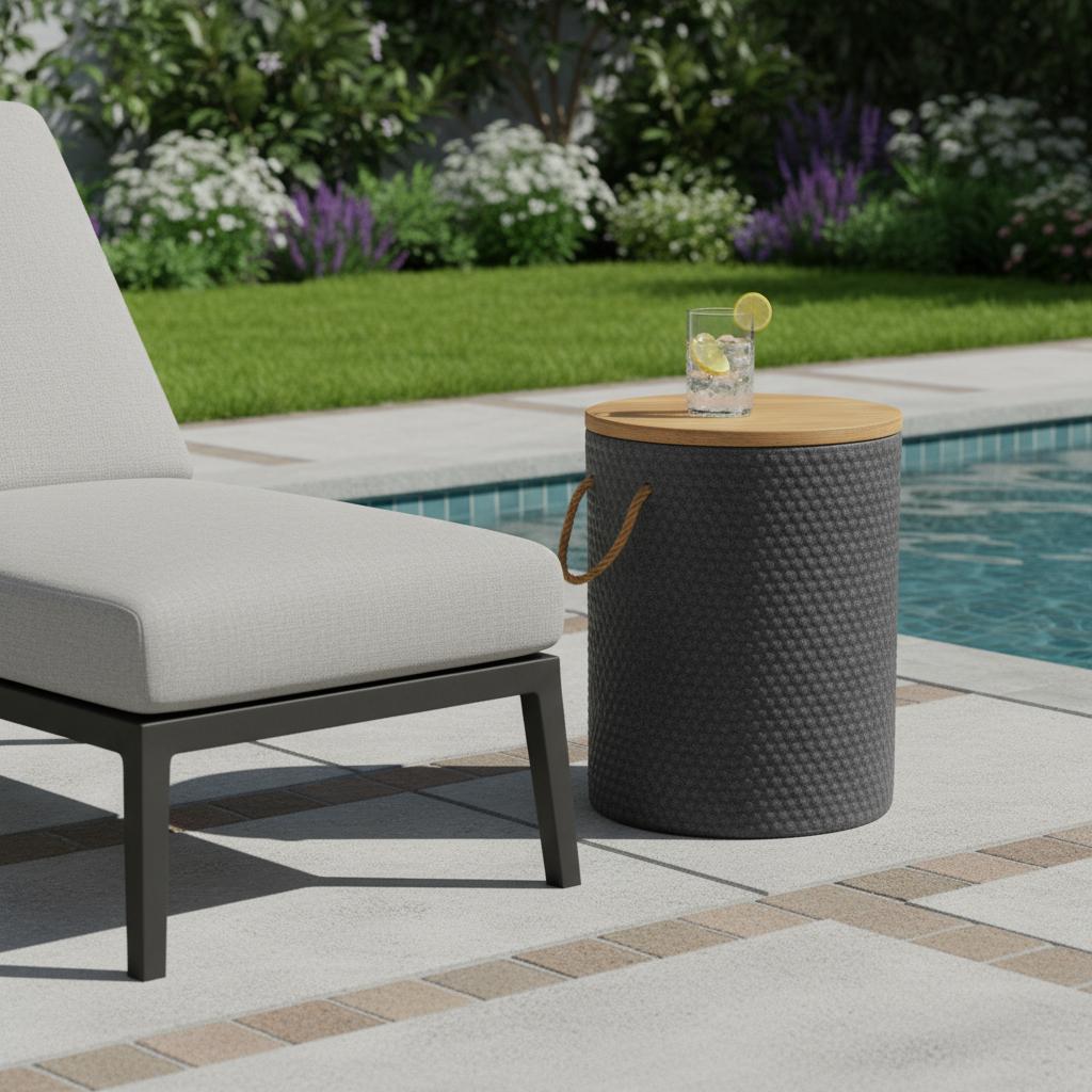 14" Natural and Black Solid Wood and Faux Concrete Round Outdoor Side Table